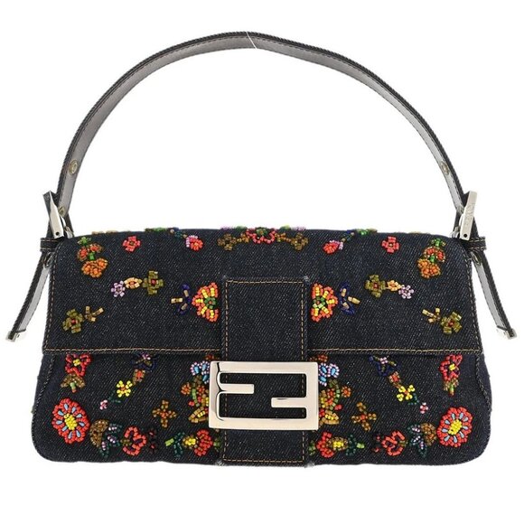 Fendi Handbags - Fendi Navy Denim Beaded Baguette Handbag